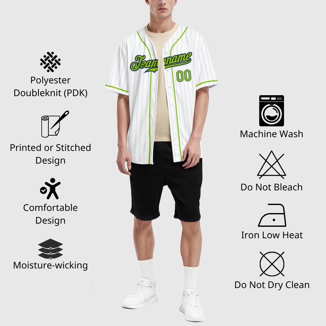 Custom White Light Blue Neon Green-Black Piping Pinstripe Baseball Jersey