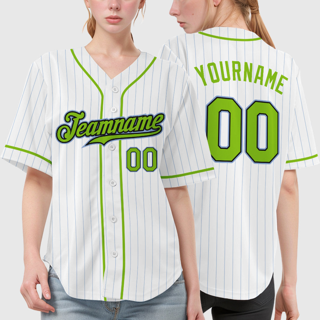 Custom White Light Blue Neon Green-Black Piping Pinstripe Baseball Jersey