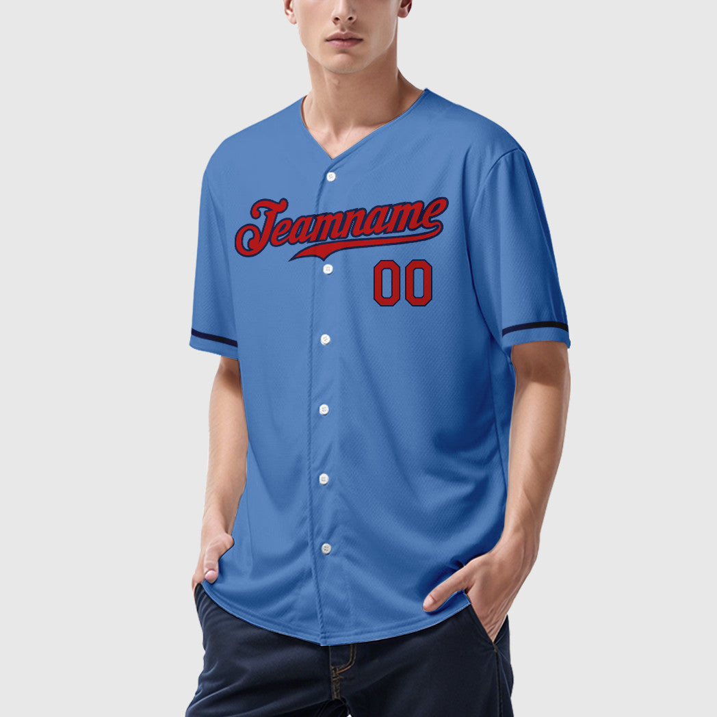 Custom Powder Blue Red Navy Baseball Jersey