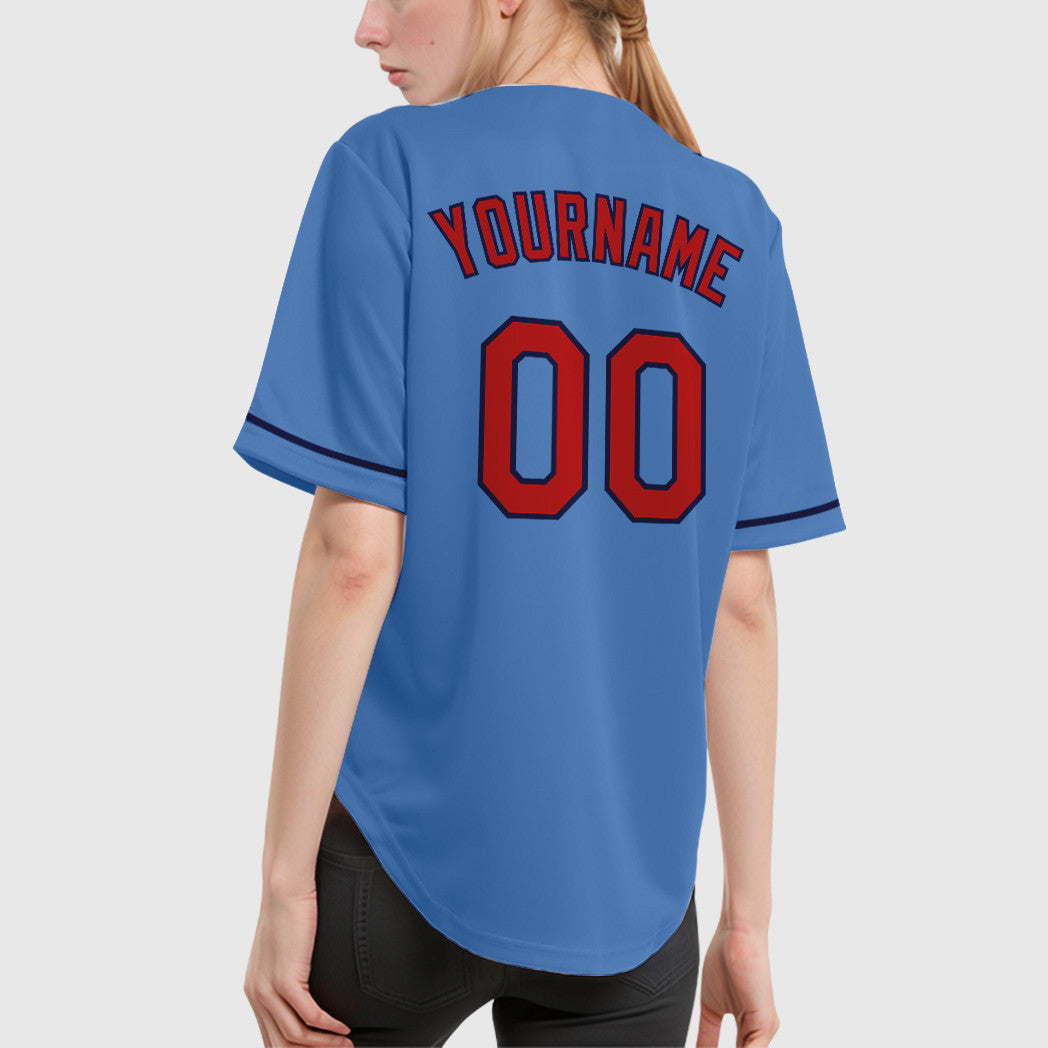 Custom Powder Blue Red Navy Baseball Jersey