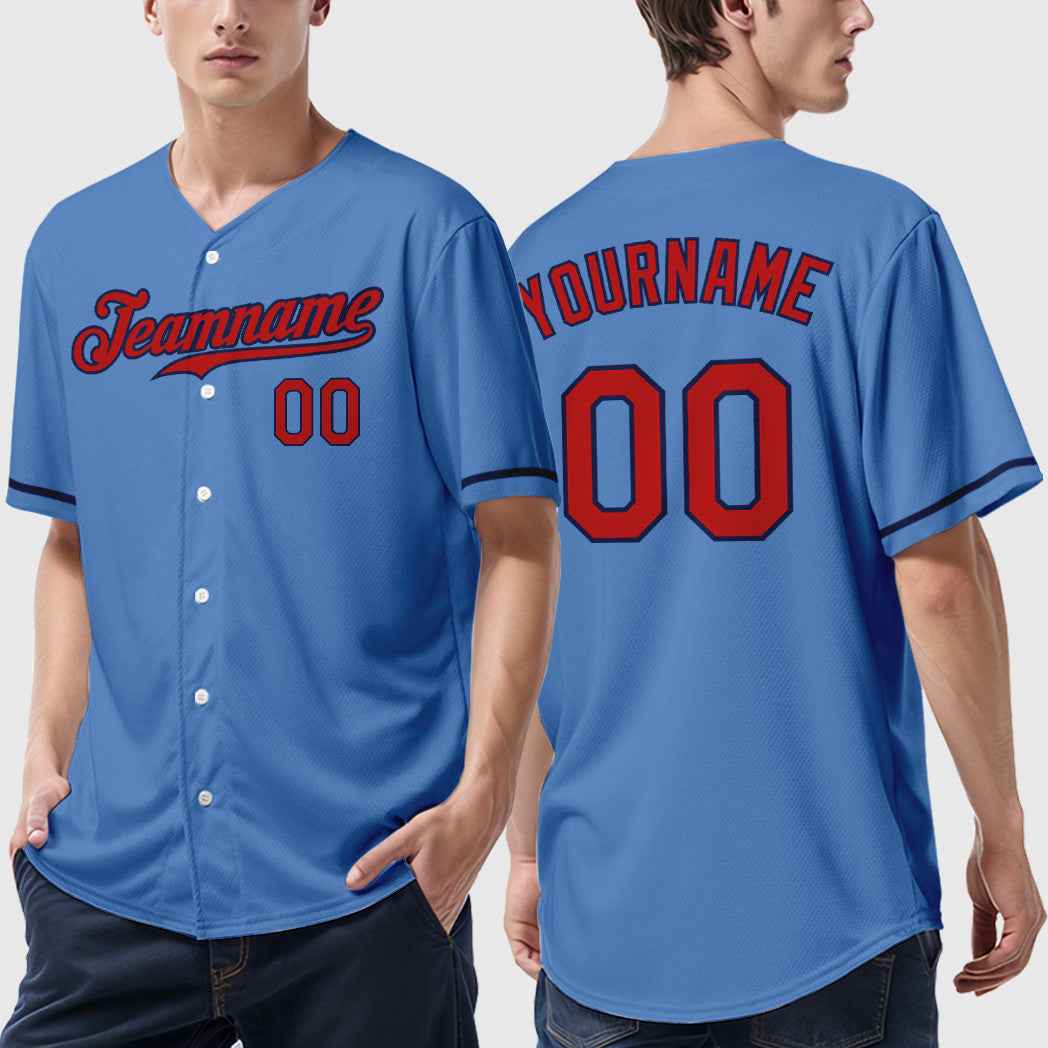 Custom Powder Blue Red Navy Baseball Jersey