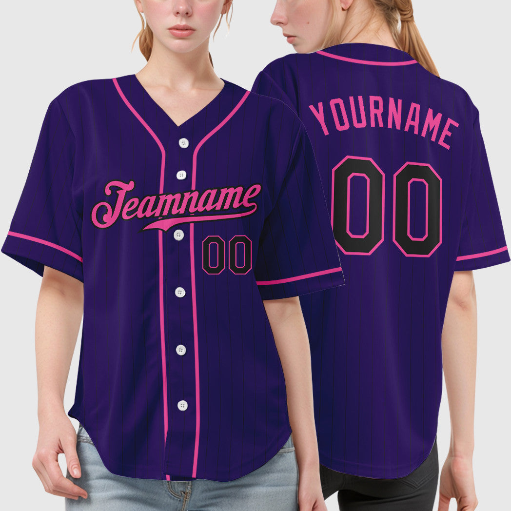Custom Purple Black Pink Piping Pinstripe Baseball Jersey