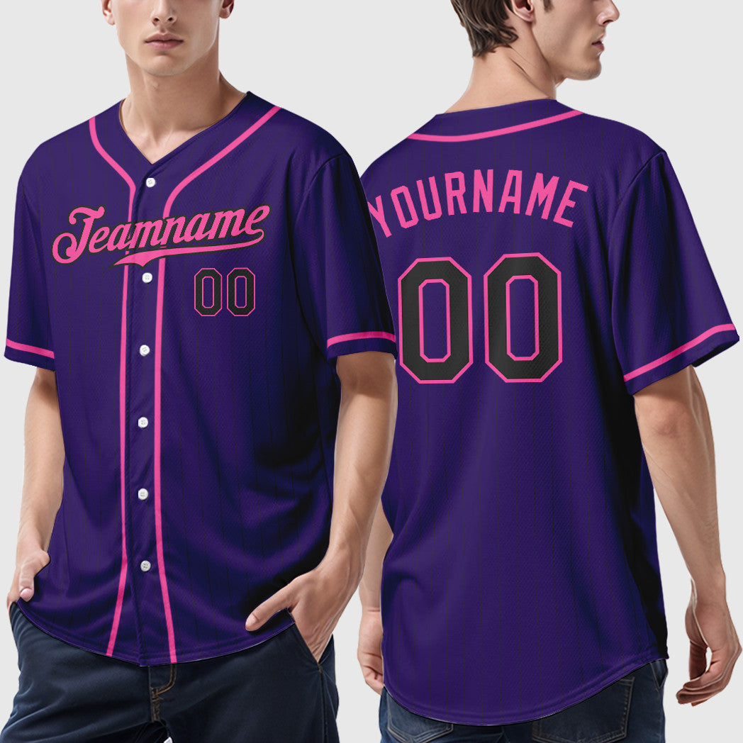 Custom Purple Black Pink Piping Pinstripe Baseball Jersey