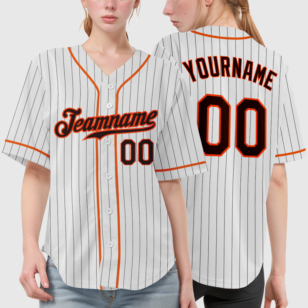 Custom White Brown Brown-Orange Piping Pinstripe Baseball Jersey