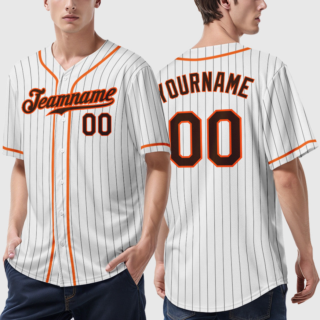 Custom White Brown Brown-Orange Piping Pinstripe Baseball Jersey