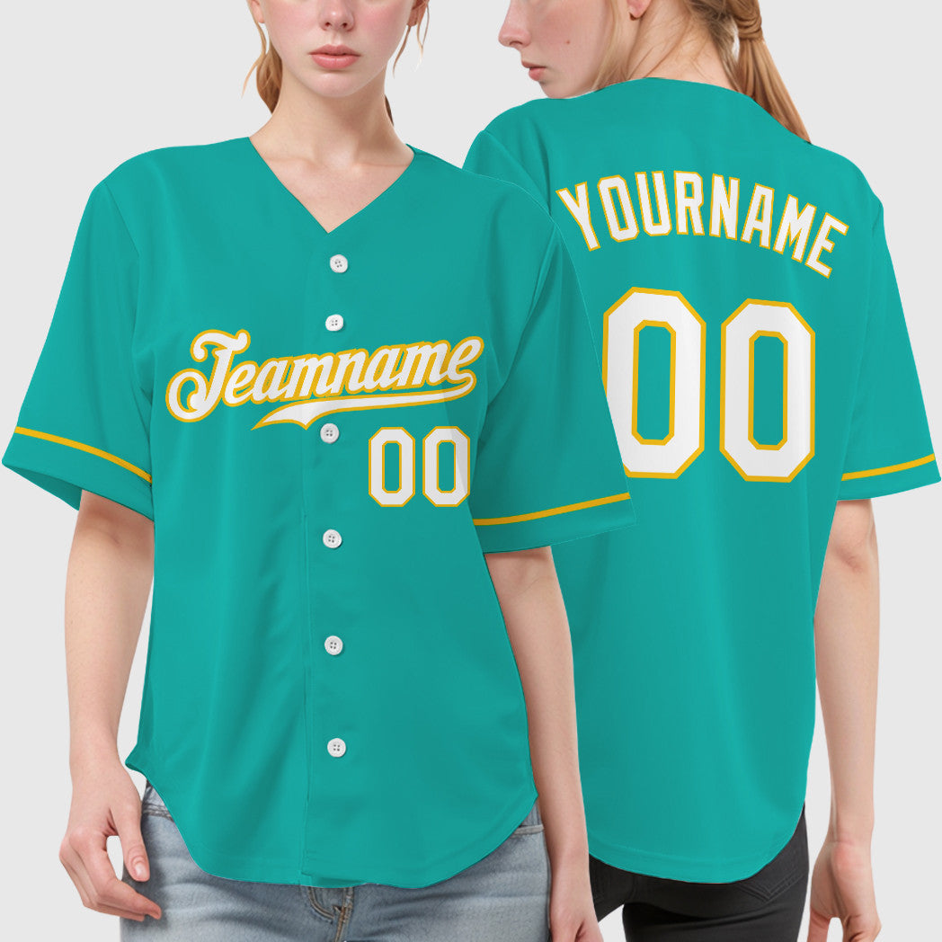 Custom Aqua White White-Yellow Baseball Jersey
