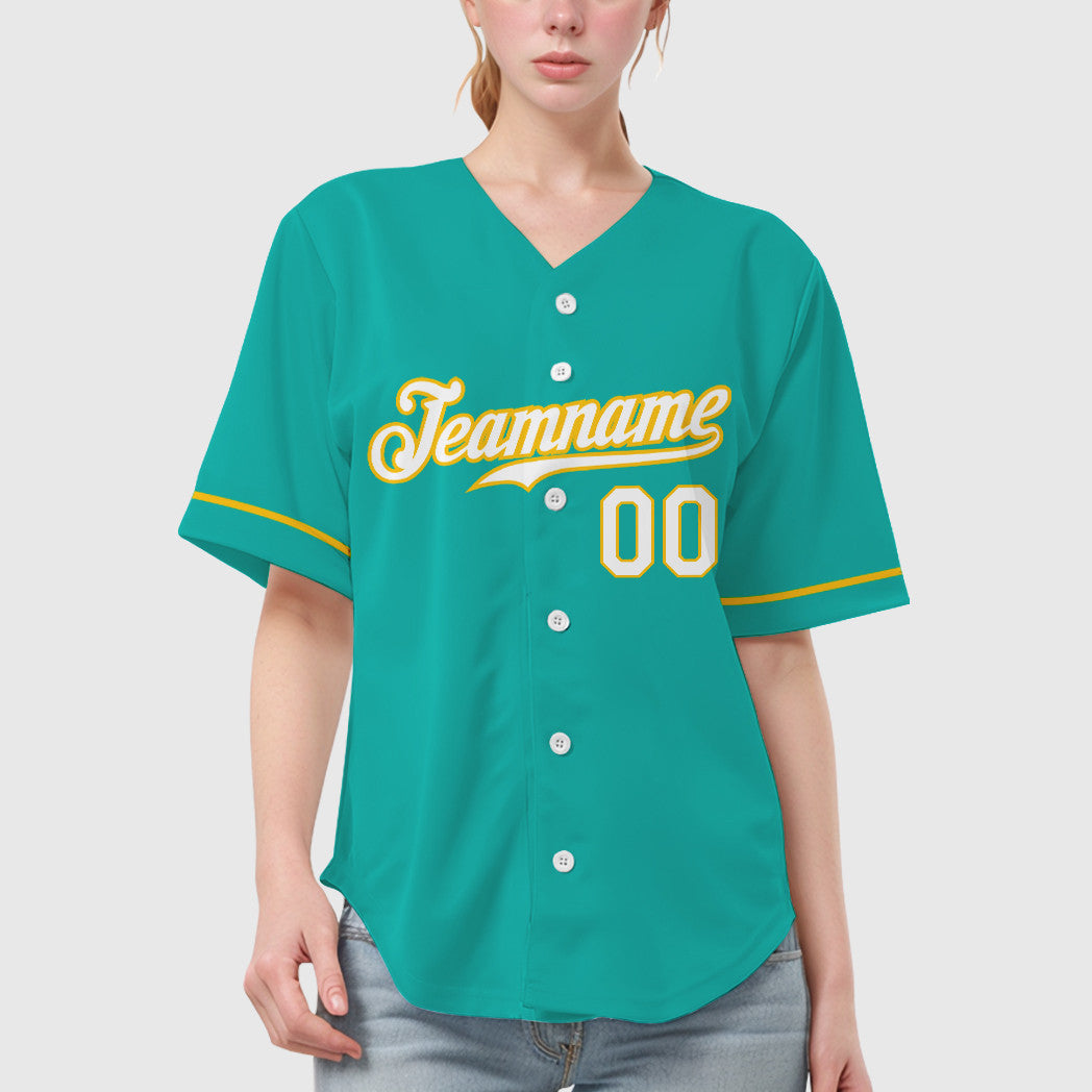 Custom Aqua White White-Yellow Baseball Jersey