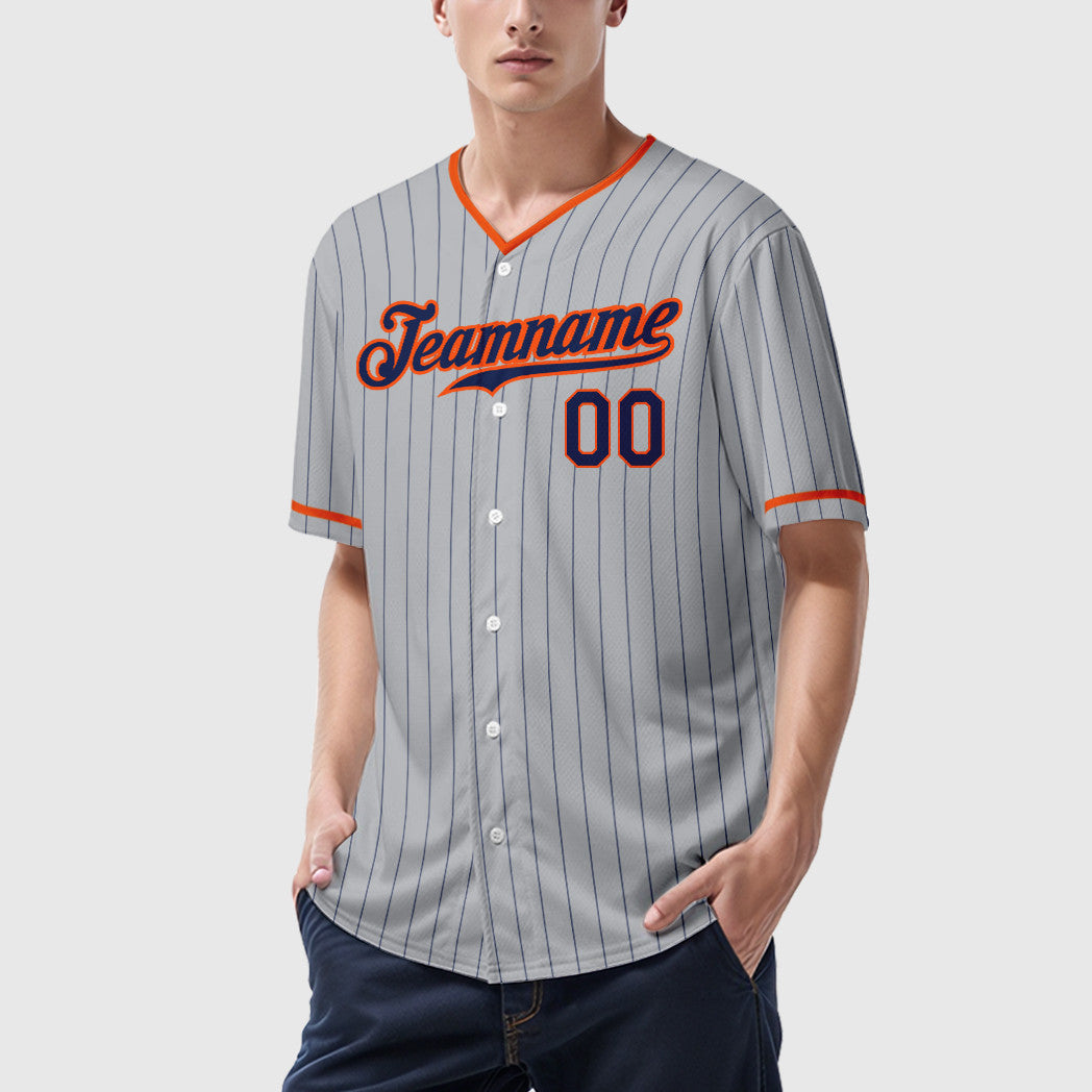 Custom Gray Navy Orange Pinstripe Baseball Jersey