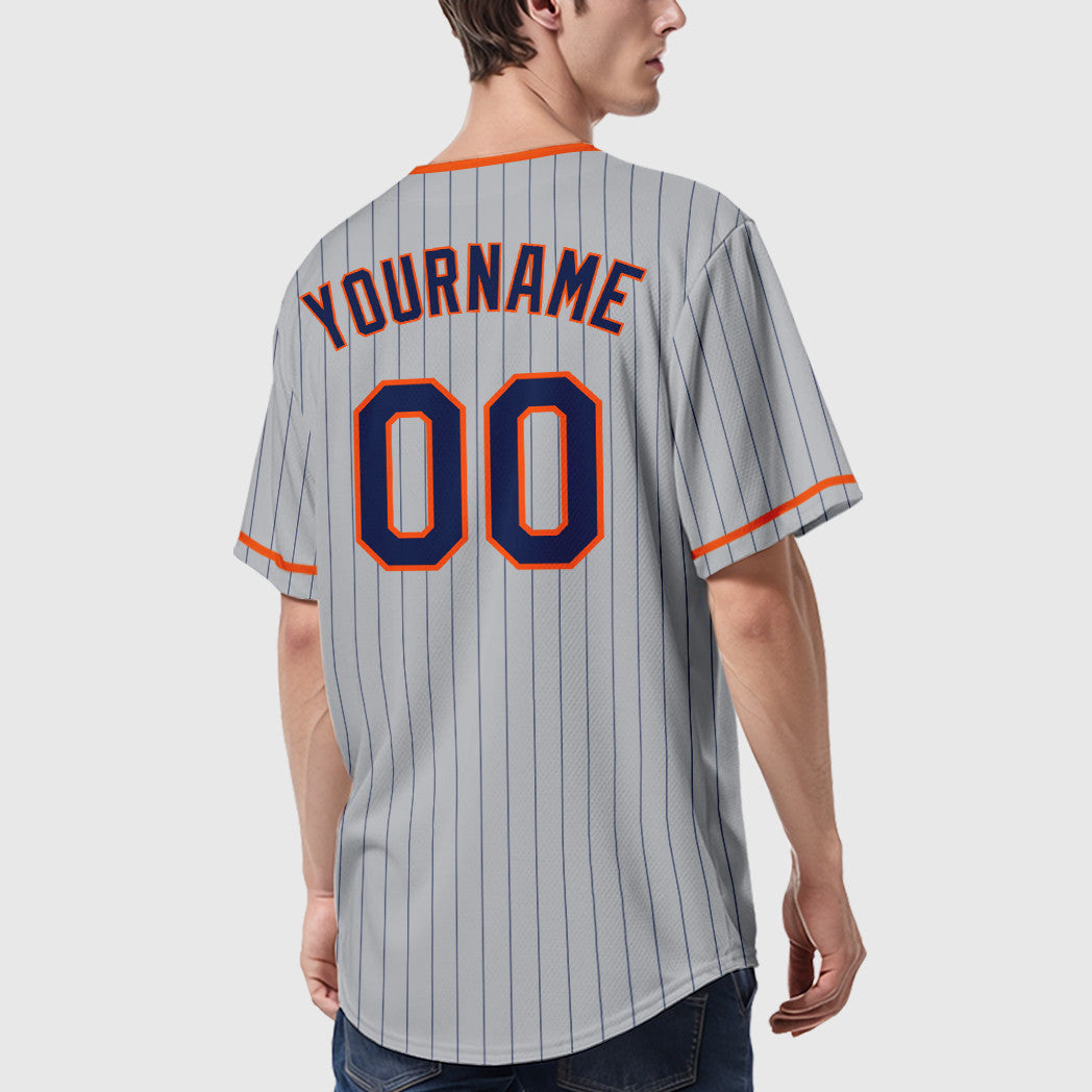 Custom Gray Navy Orange Pinstripe Baseball Jersey