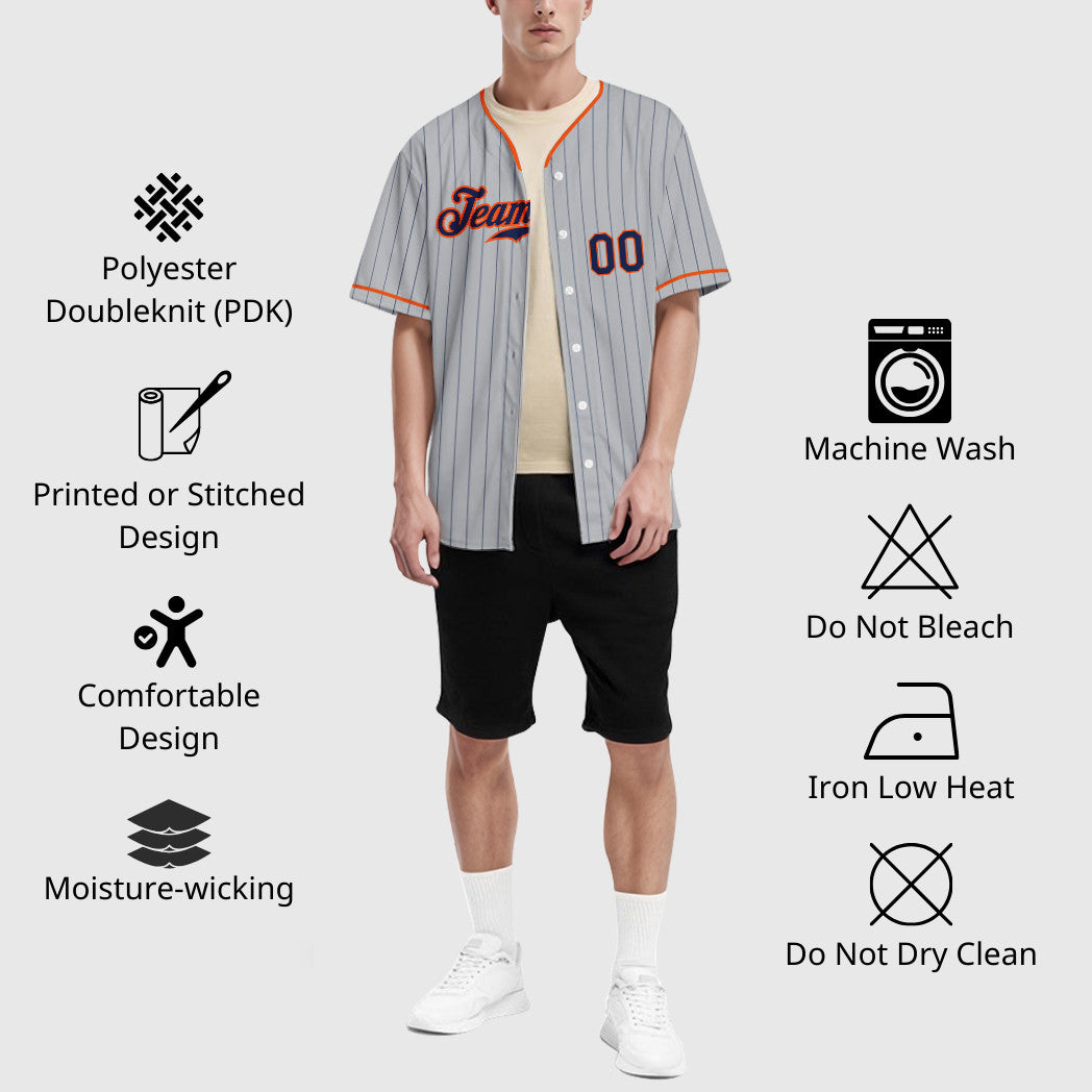 Custom Gray Navy Orange Pinstripe Baseball Jersey