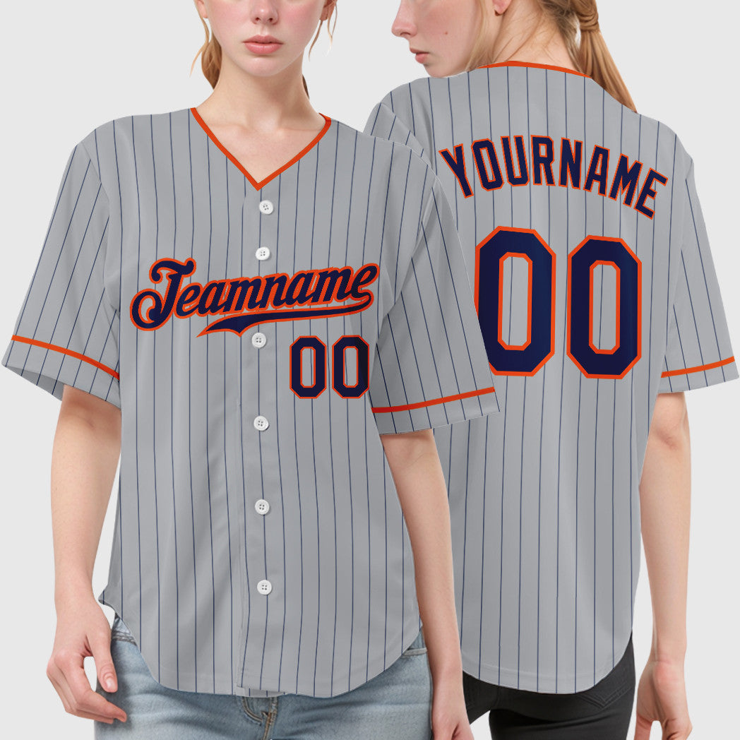 Custom Gray Navy Orange Pinstripe Baseball Jersey