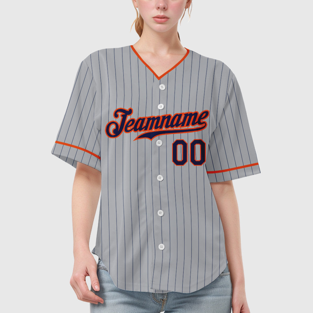 Custom Gray Navy Orange Pinstripe Baseball Jersey