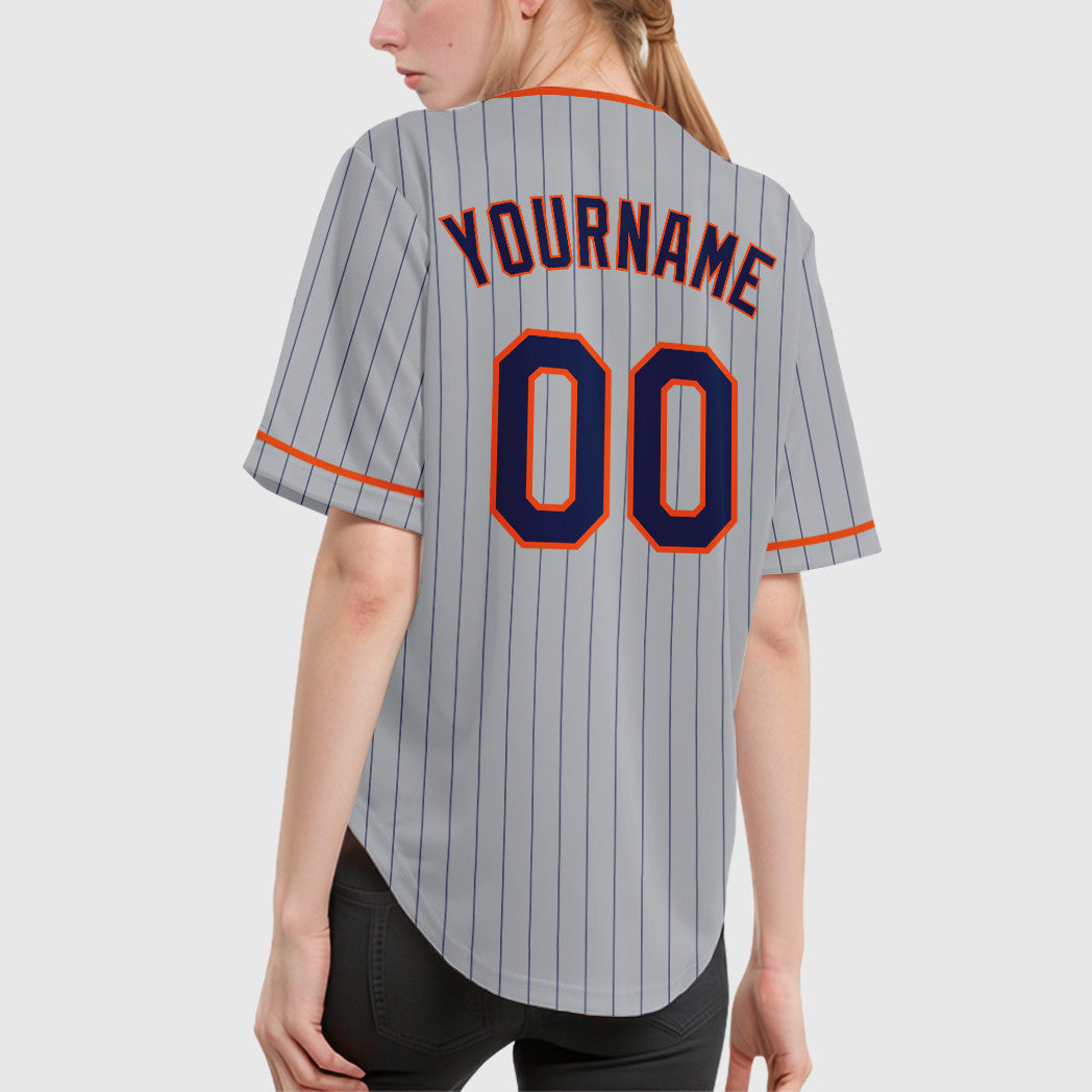 Custom Gray Navy Orange Pinstripe Baseball Jersey