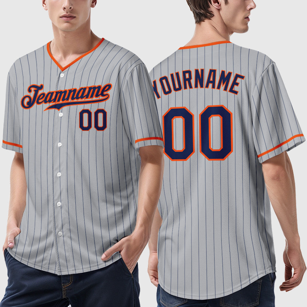 Custom Gray Navy Orange Pinstripe Baseball Jersey