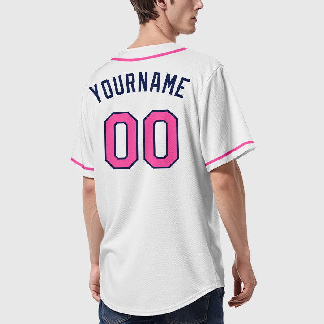 Custom White Navy Pink Sleeve Baseball Jersey