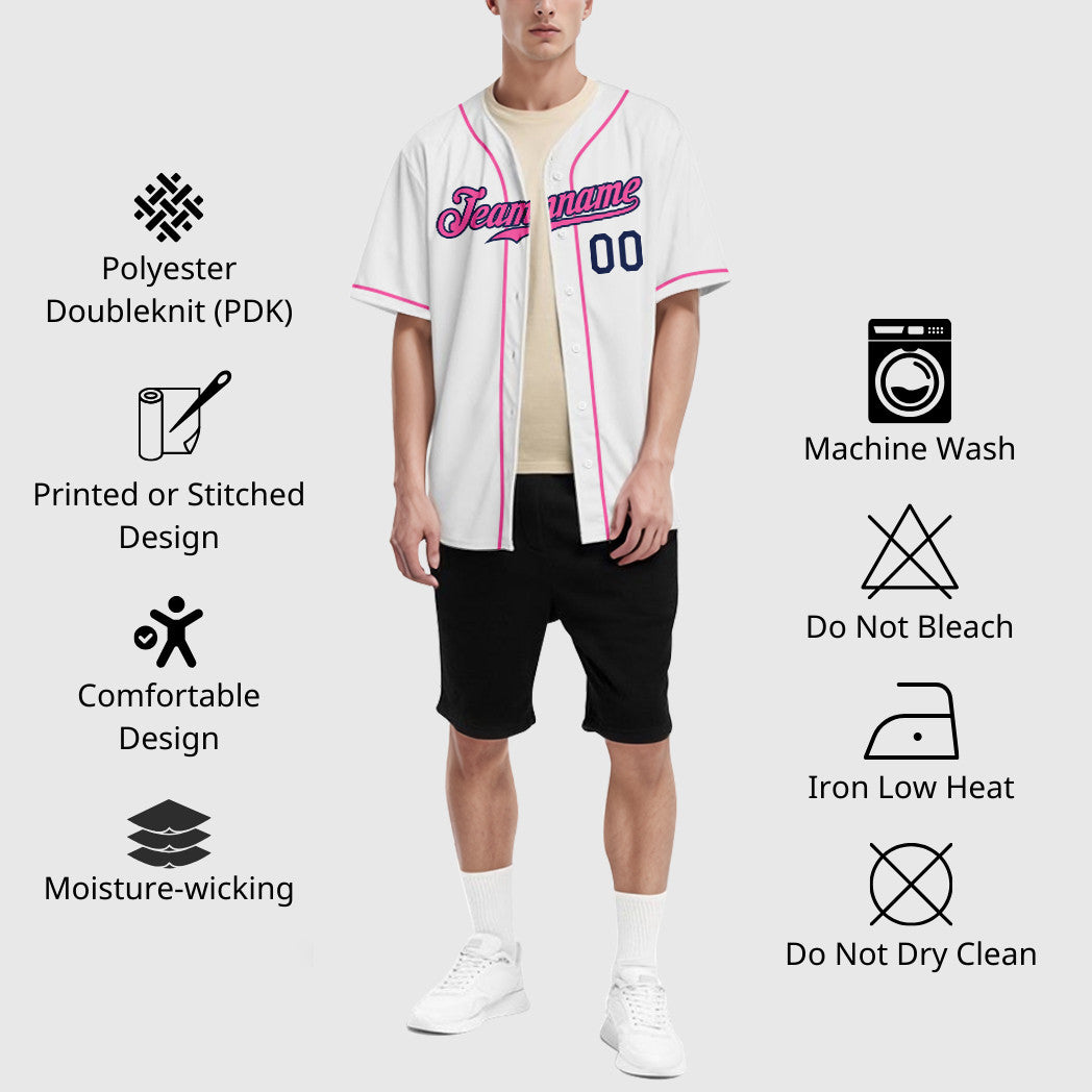 Custom White Navy Pink Sleeve Baseball Jersey