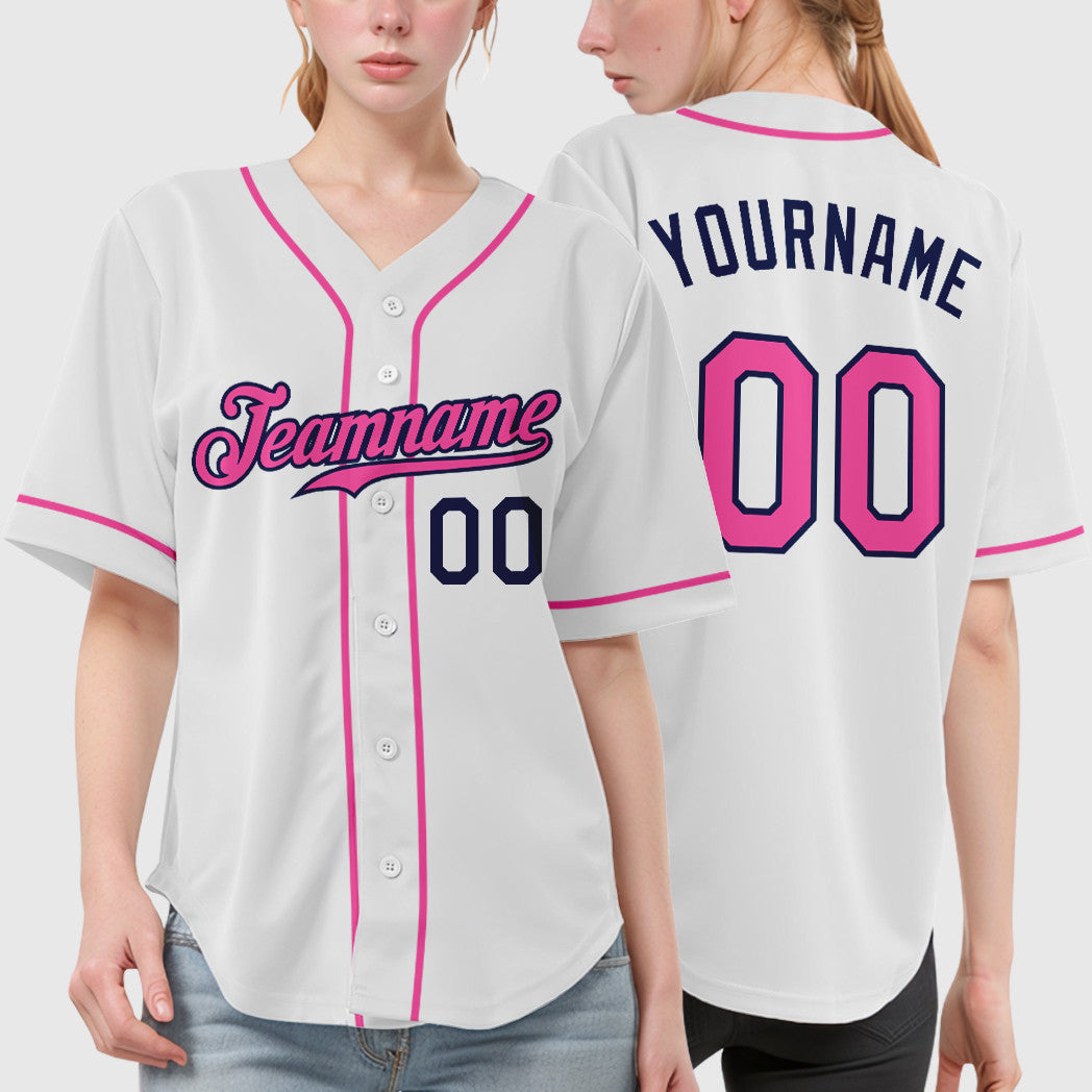 Custom White Navy Pink Sleeve Baseball Jersey