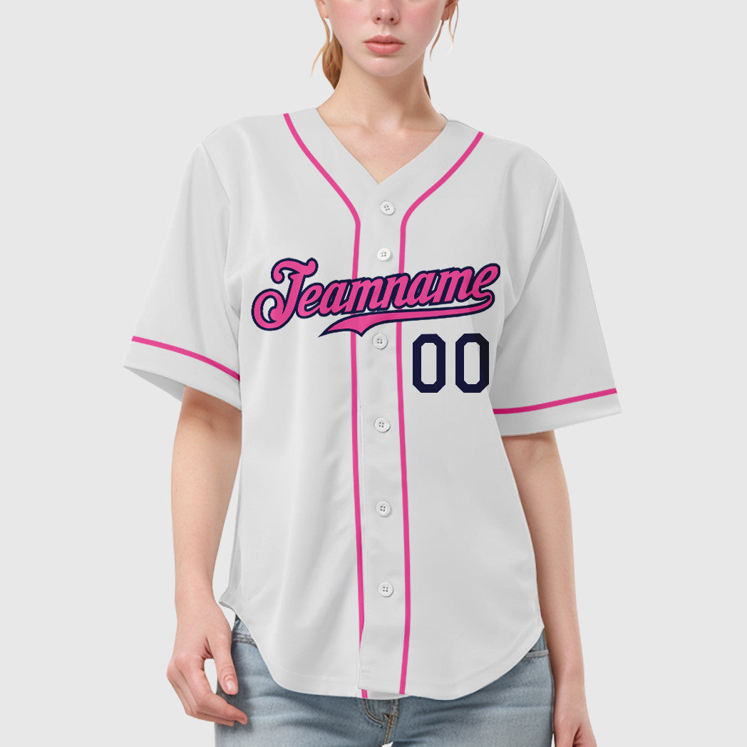 Custom White Navy Pink Sleeve Baseball Jersey