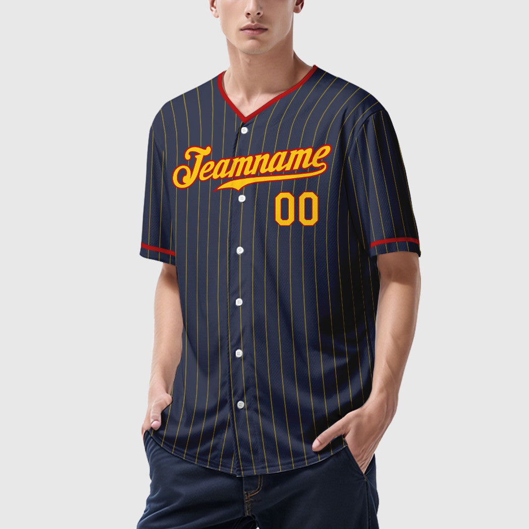 Custom Navy Yellow Red Pinstripe Baseball Jersey