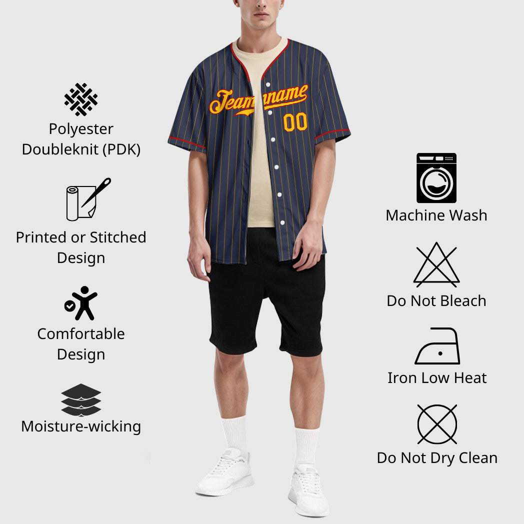 Custom Navy Yellow Red Pinstripe Baseball Jersey