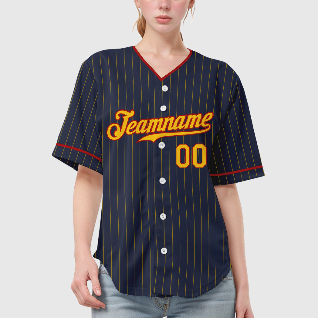 Custom Navy Yellow Red Pinstripe Baseball Jersey