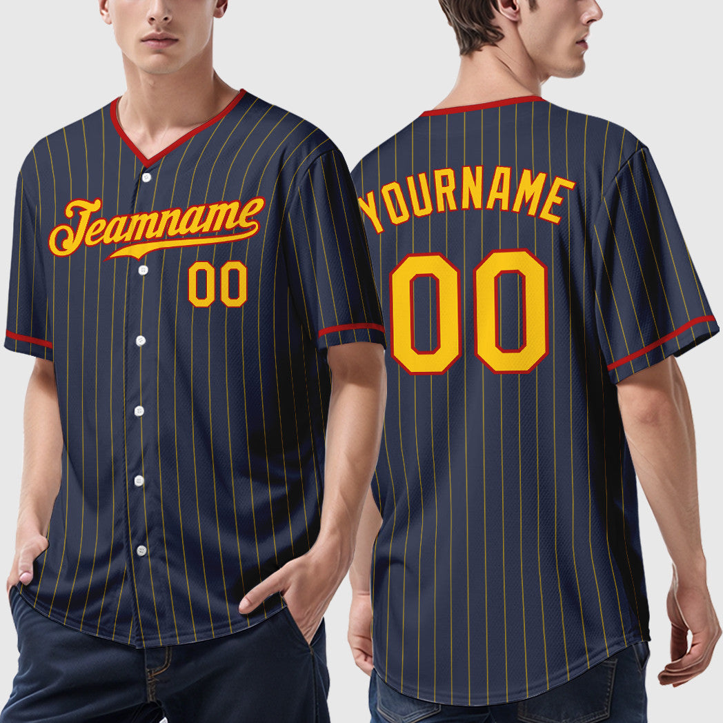 Custom Navy Yellow Red Pinstripe Baseball Jersey
