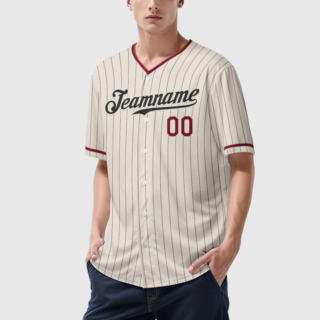 Custom Cream Black Crimson Pinstripe Baseball Jersey