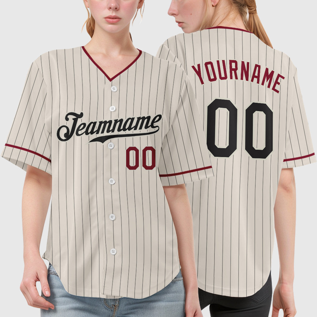 Custom Cream Black Crimson Pinstripe Baseball Jersey