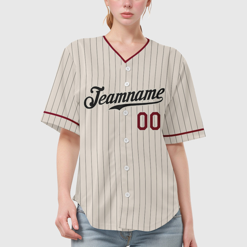 Custom Cream Black Crimson Pinstripe Baseball Jersey