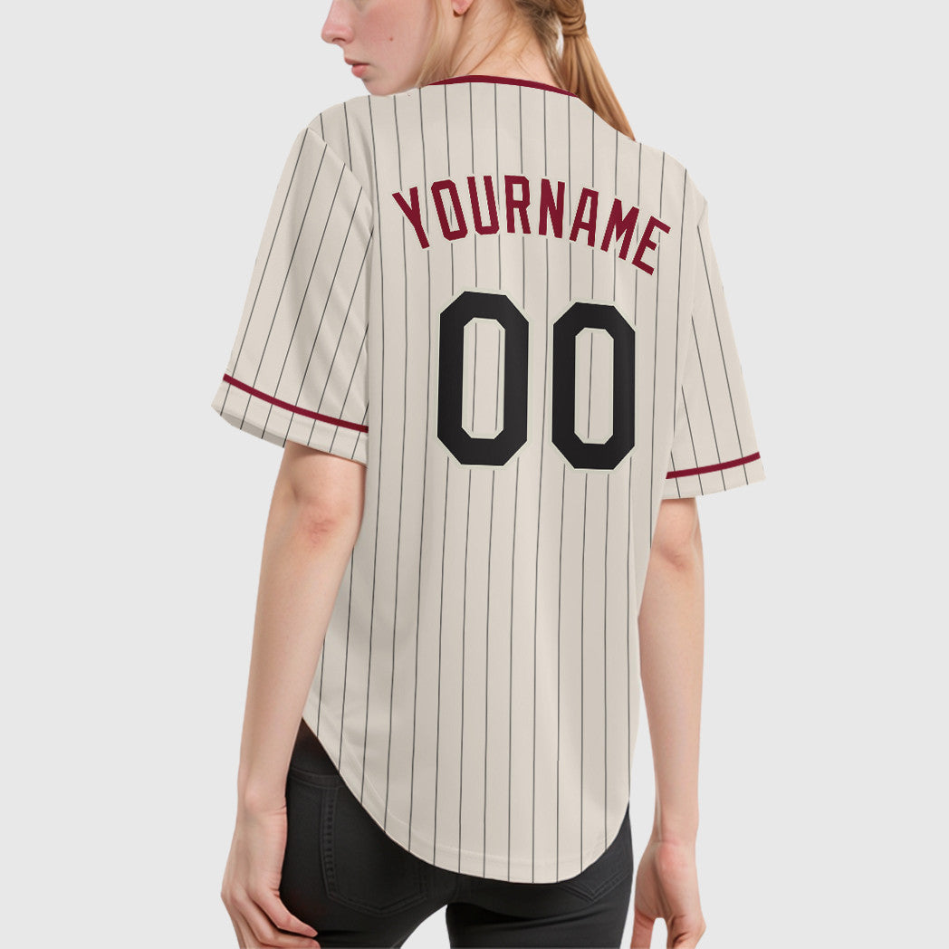 Custom Cream Black Crimson Pinstripe Baseball Jersey