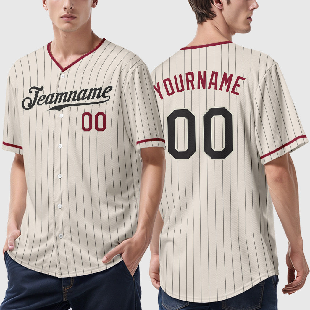 Custom Cream Black Crimson Pinstripe Baseball Jersey