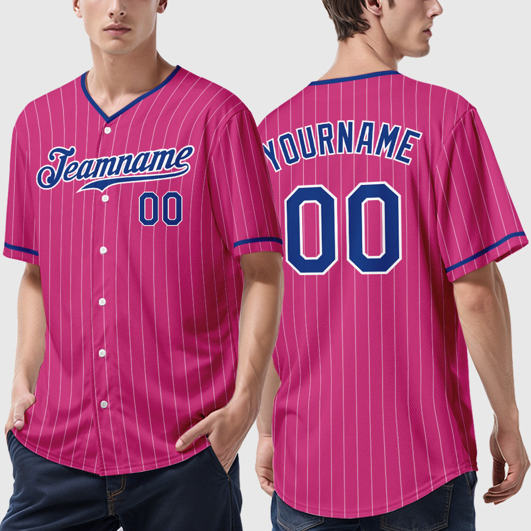 Custom Pink White Royal Pinstripe Baseball Jersey