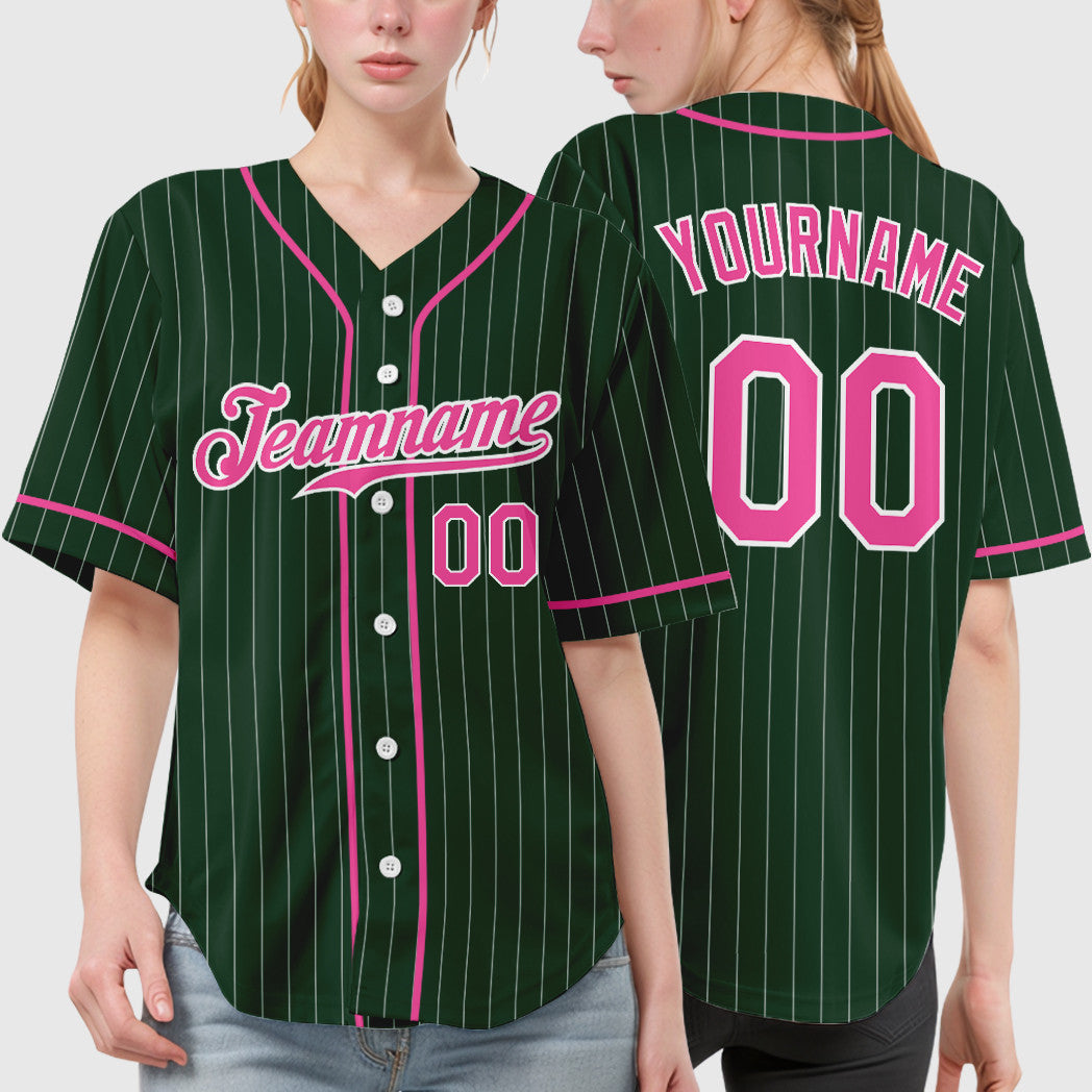 Custom Green White Pink Piping Pinstripe Baseball Jersey