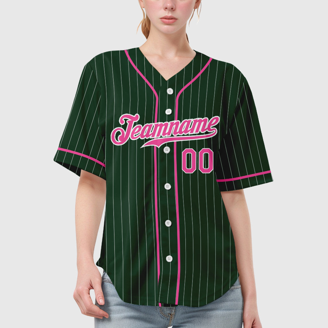 Custom Green White Pink Piping Pinstripe Baseball Jersey