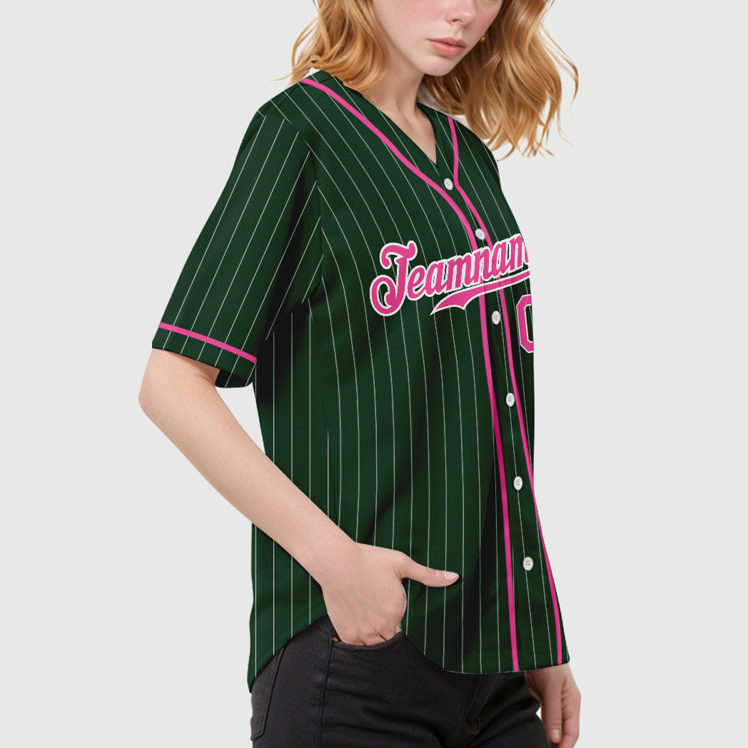 Custom Green White Pink Piping Pinstripe Baseball Jersey