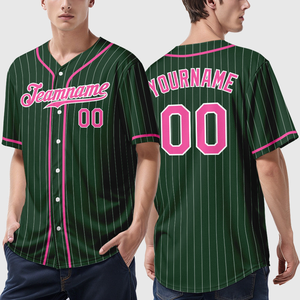 Custom Green White Pink Piping Pinstripe Baseball Jersey