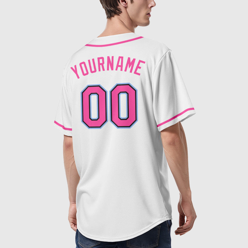 Custom White Black Pink-Light Blue Sleeve Baseball Jersey