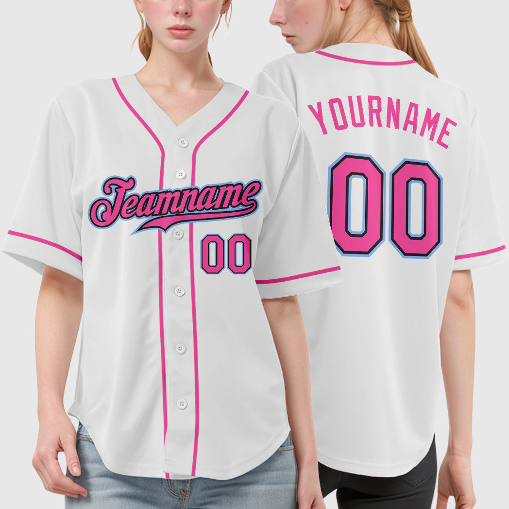 Custom White Black Pink-Light Blue Sleeve Baseball Jersey