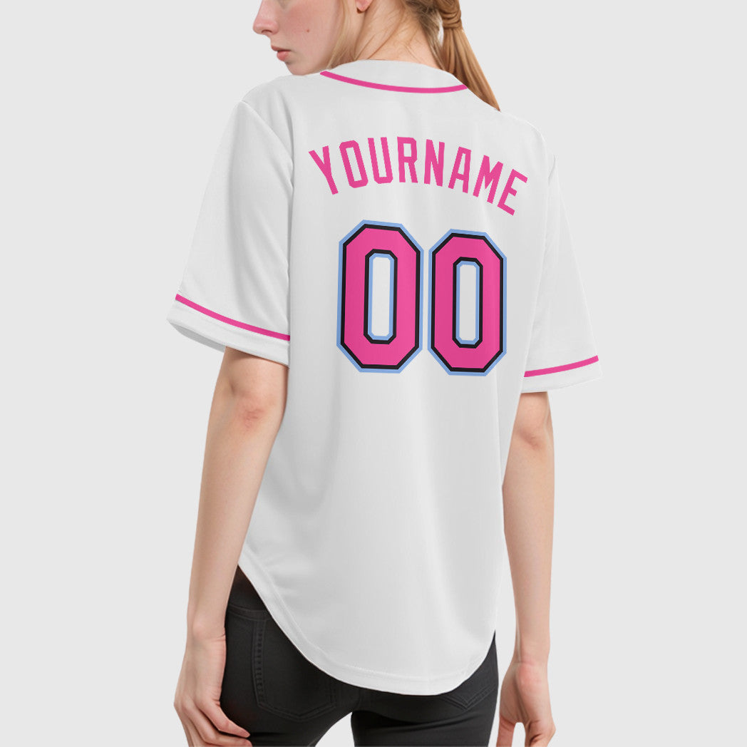 Custom White Black Pink-Light Blue Sleeve Baseball Jersey
