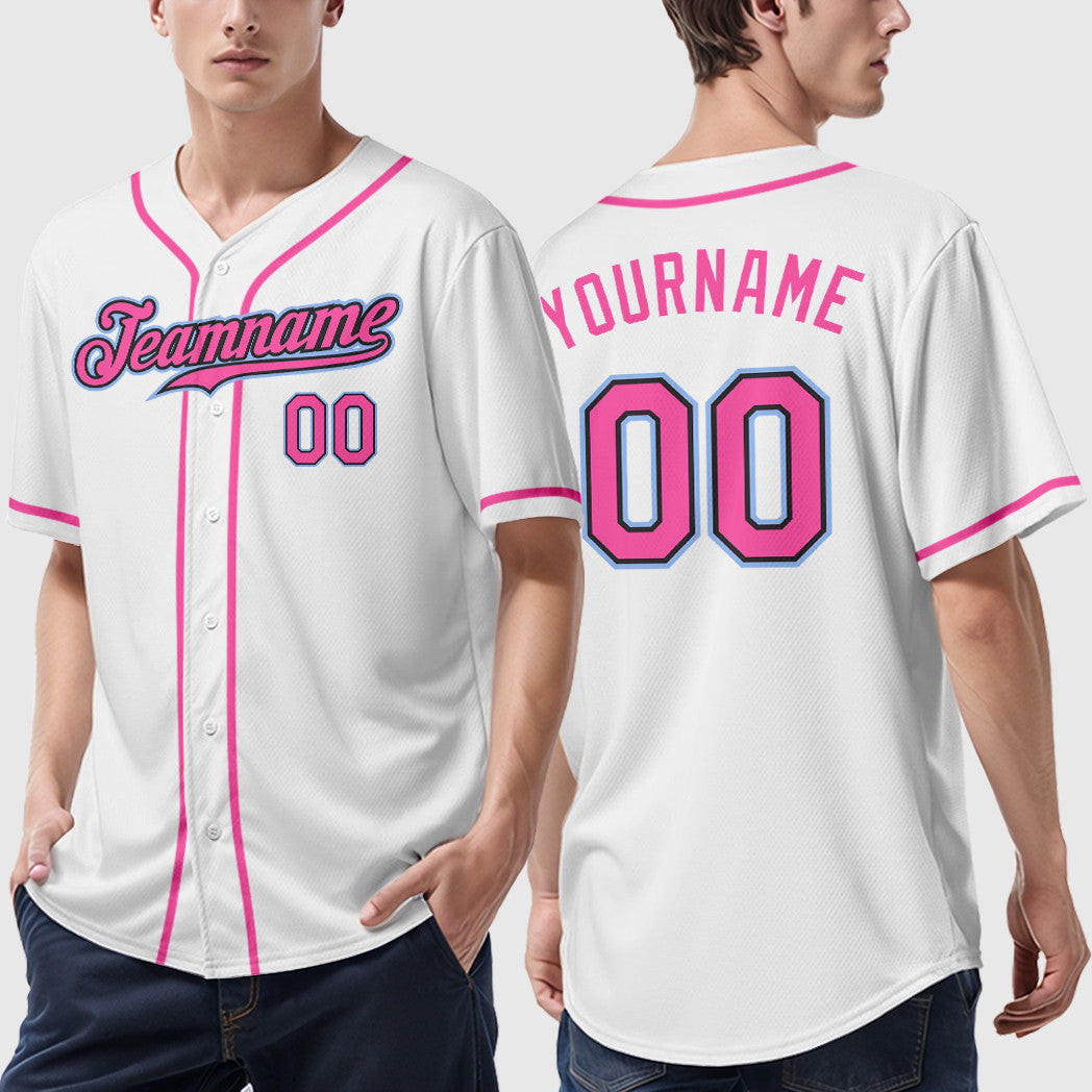 Custom White Black Pink-Light Blue Sleeve Baseball Jersey