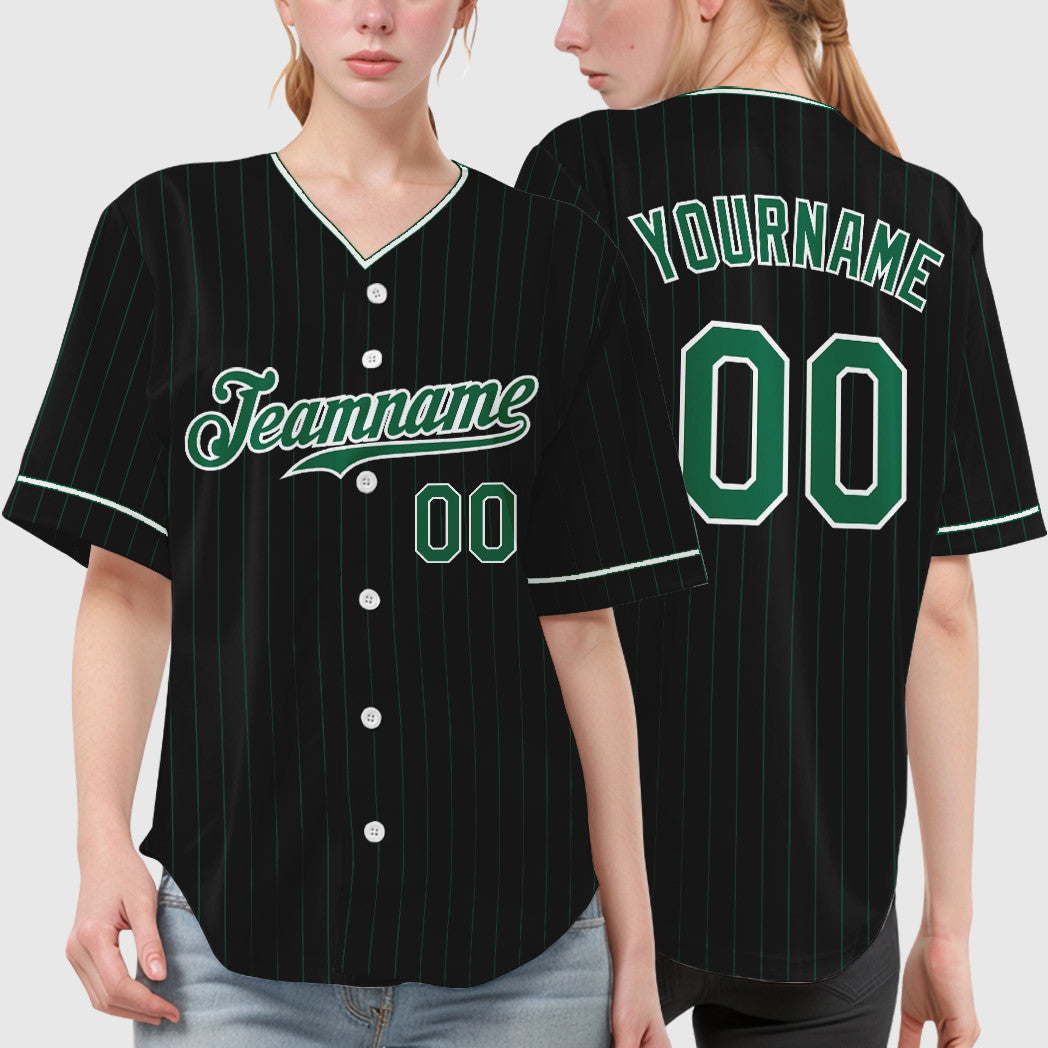 Custom Black Kelly Green Kelly Green-White Pinstripe Baseball Jersey