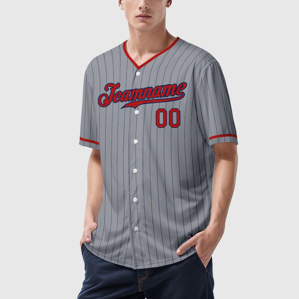 Custom Gray Navy Red Pinstripe Baseball Jersey