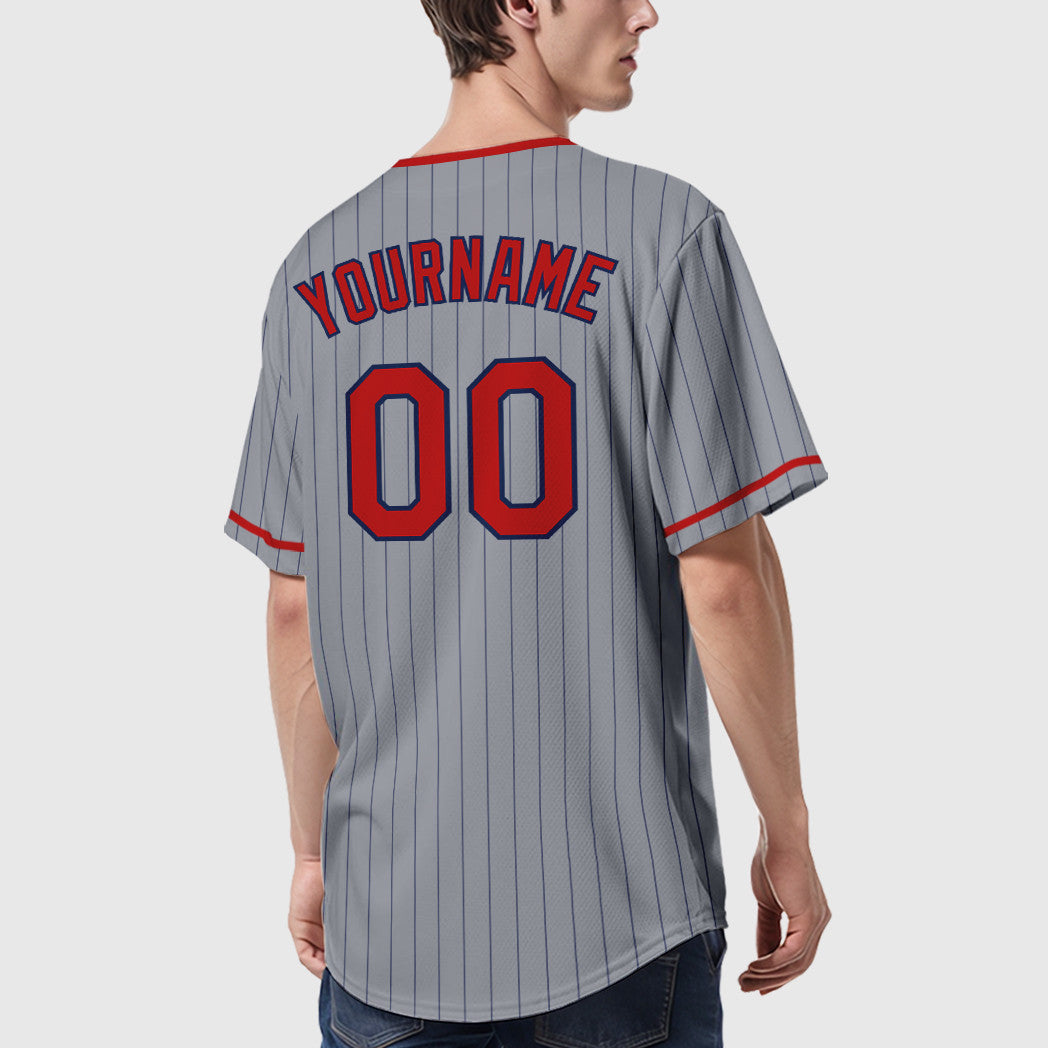 Custom Gray Navy Red Pinstripe Baseball Jersey