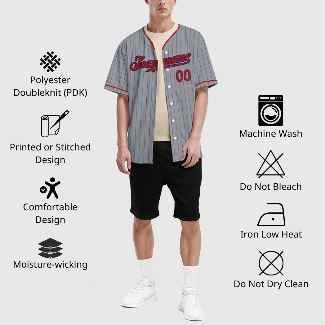 Custom Gray Navy Red Pinstripe Baseball Jersey
