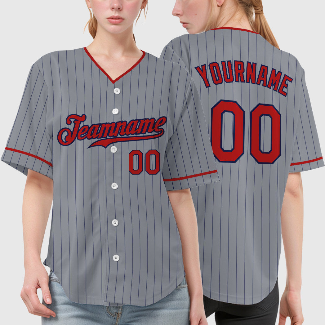 Custom Gray Navy Red Pinstripe Baseball Jersey
