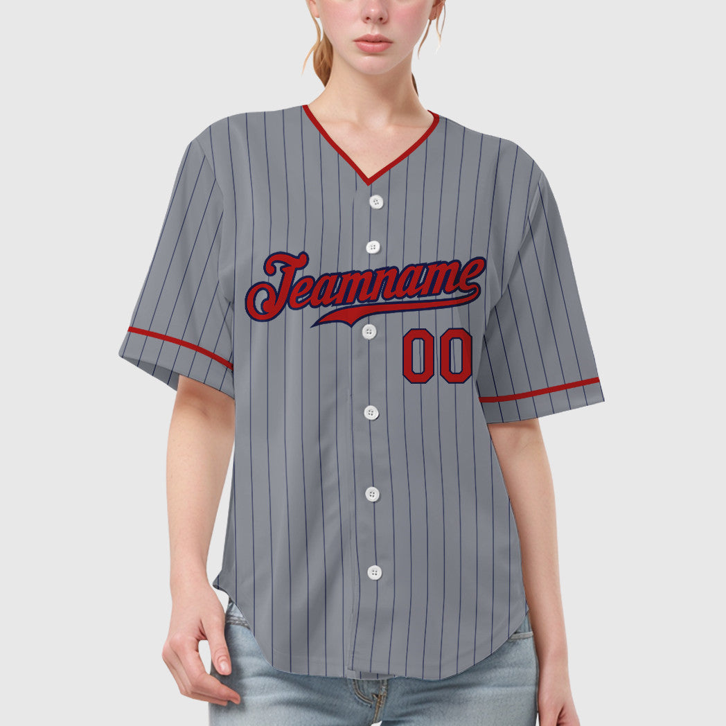 Custom Gray Navy Red Pinstripe Baseball Jersey