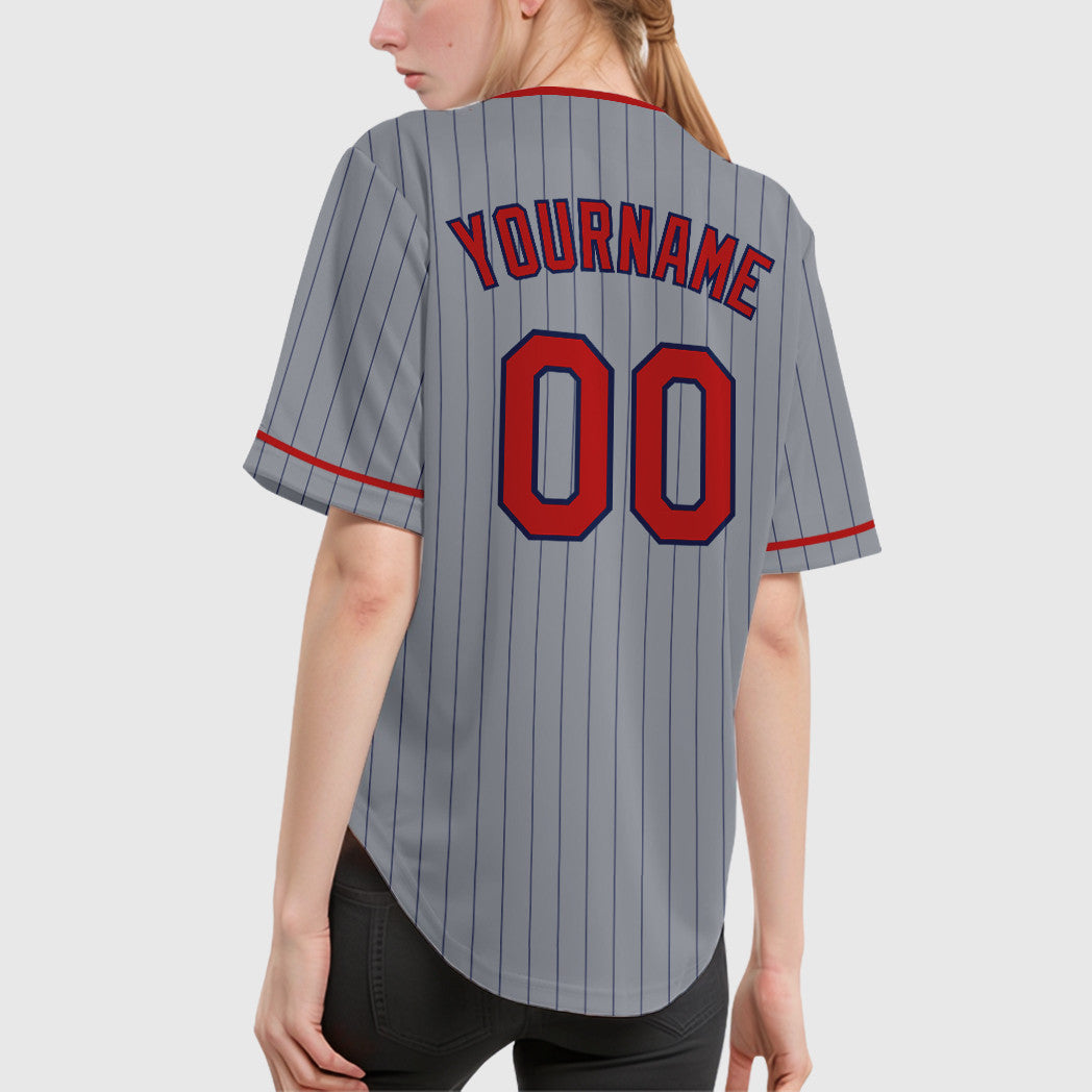 Custom Gray Navy Red Pinstripe Baseball Jersey
