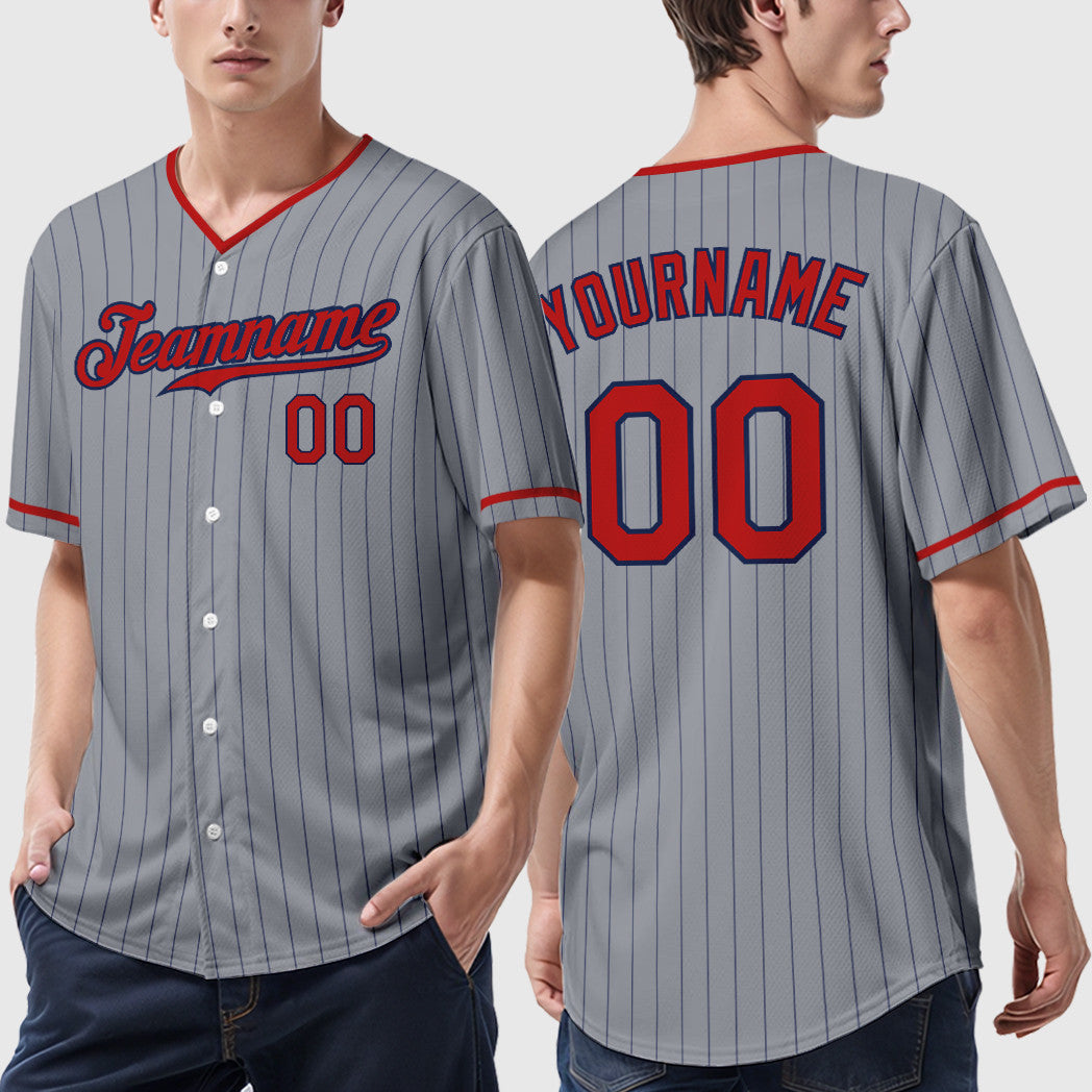 Custom Gray Navy Red Pinstripe Baseball Jersey