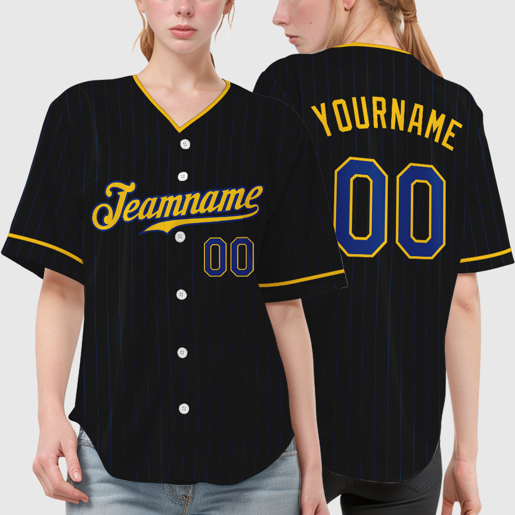 Custom Black Royal Royal-Yellow Pinstripe Baseball Jersey