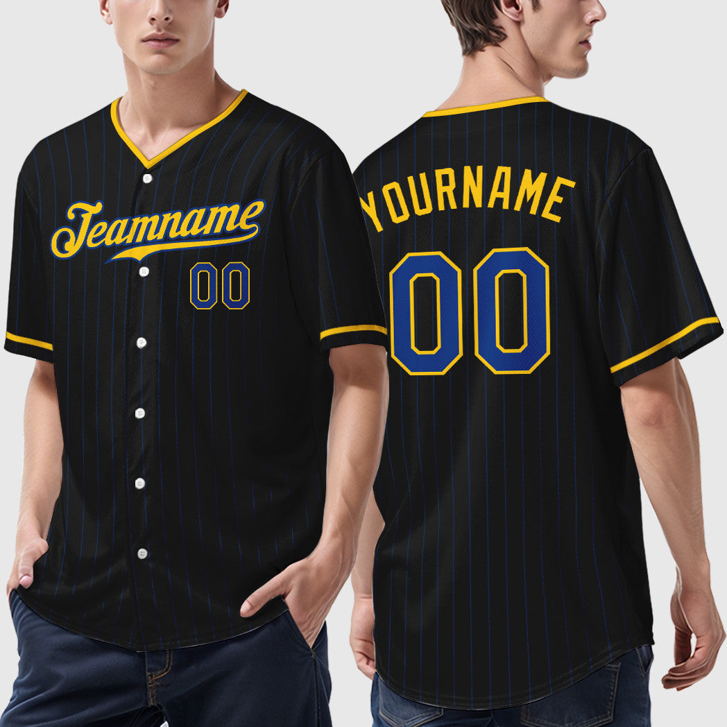 Custom Black Royal Royal-Yellow Pinstripe Baseball Jersey